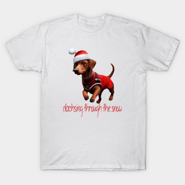 Dachsing Through The Snow Dachshund Sausage Dog With Santa Hat T-Shirt by taiche